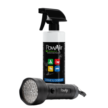 PowAir Pet Pack containing a PowAir Urine & Odour Spray and a PowAir UV Urine Detector Torch