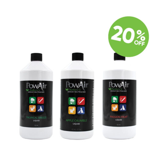 PowAir Misting Dome Refill Pack contains a PowAir electronic smell remover unit and 3 multi-purpose liquids working to remove foul smells