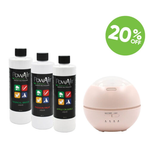 PowAir Misting Dome Bundle is the perfect solution to eliminate foul smells using an automated dispenser and versatile odour neutraliser liquids