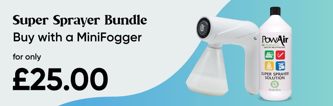 The PowAir MiniFogger Wireless Mist Dispenser now comes with a FREE 1L Super Sprayer Solution Liquid