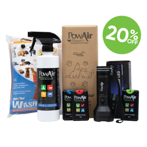 PowAir Puppy Pack is perfect for detecting pet pee accidents. Pet odour removal for urine & faeces smells made easy