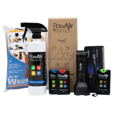 PowAir Pet Puppy Pack with dog and cat pee eliminator spray and pet urine torch to detect hidden urine stains