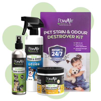 PowAir's Instant Pet Odour Destroyer Spray is a quick & easy pet smell remover