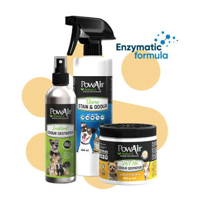 Remove dog and cat smells from your home with PowAir's pet safe odour neutralisation range