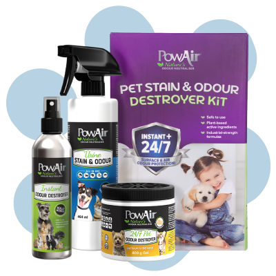 Use PowAir's enzymatic Urine Stain & Odour Spray to get rid of pet smells for good
